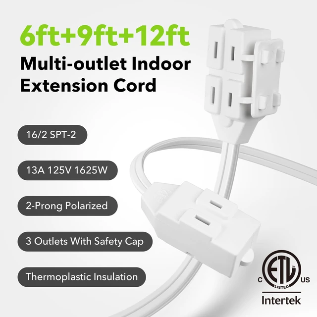 Alt view image 5 of 7 - 3-Outlet Indoor Extension Cord, 6/9/12 ft Variety 3-Pack, 16/2 SPT-2, 2 Prong Polarized Plug, White Household Power Cord for Home, Office & Holiday Decorations