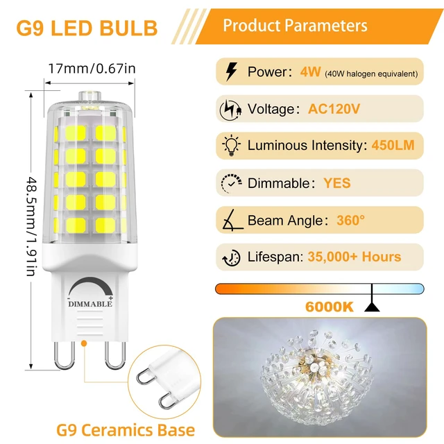 Alt view image 2 of 6 - G9 LED Bulb Dimmable 4W (40W Equivalent) 6000K Cool White 12 Pack T4 G9 Bi-pin Base Halogen Replacement 120V No Flicker 450LM for Basement, Corridor, Utility Room, High-Visibility Areas