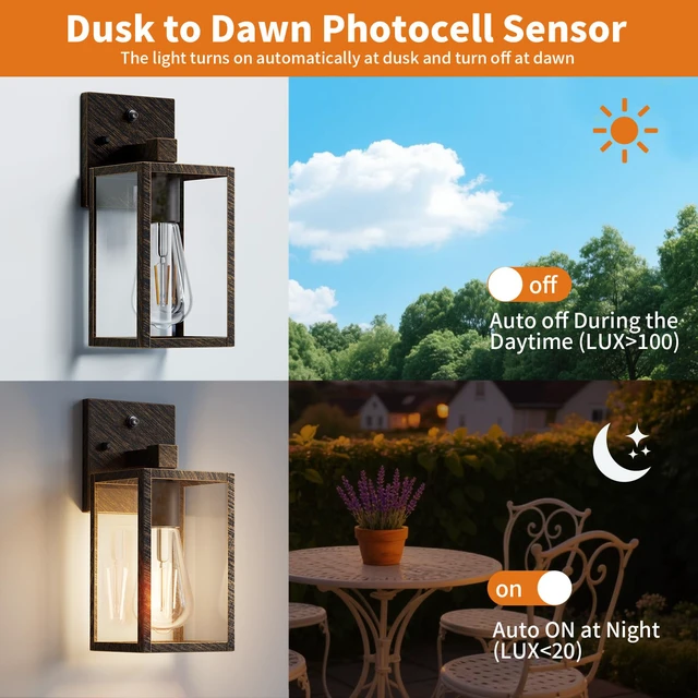 Alt view image 2 of 7 - 2 Pack Black Brush Gold Dusk to Dawn Exterior Lighting Fixtures Wall Mount, Sensor Outside Front Porch Lights for House, Outdoor Lantern Lamp, Wall Sconce Lights, Coach Light for Garage Entryway