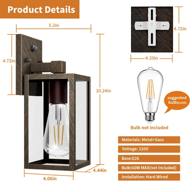 Alt view image 6 of 7 - 2 Pack Black Brush Gold Dusk to Dawn Exterior Lighting Fixtures Wall Mount, Sensor Outside Front Porch Lights for House, Outdoor Lantern Lamp, Wall Sconce Lights, Coach Light for Garage Entryway
