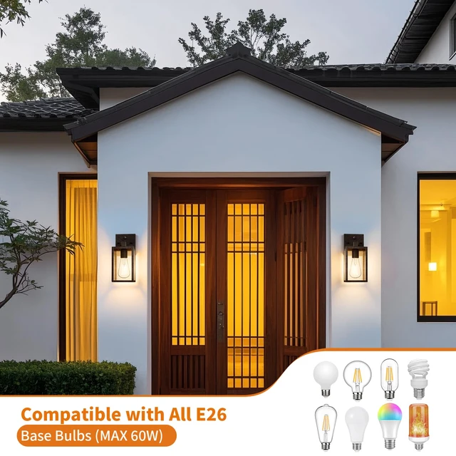 Alt view image 5 of 7 - 2 Pack Black Brush Gold Dusk to Dawn Exterior Lighting Fixtures Wall Mount, Sensor Outside Front Porch Lights for House, Outdoor Lantern Lamp, Wall Sconce Lights, Coach Light for Garage Entryway