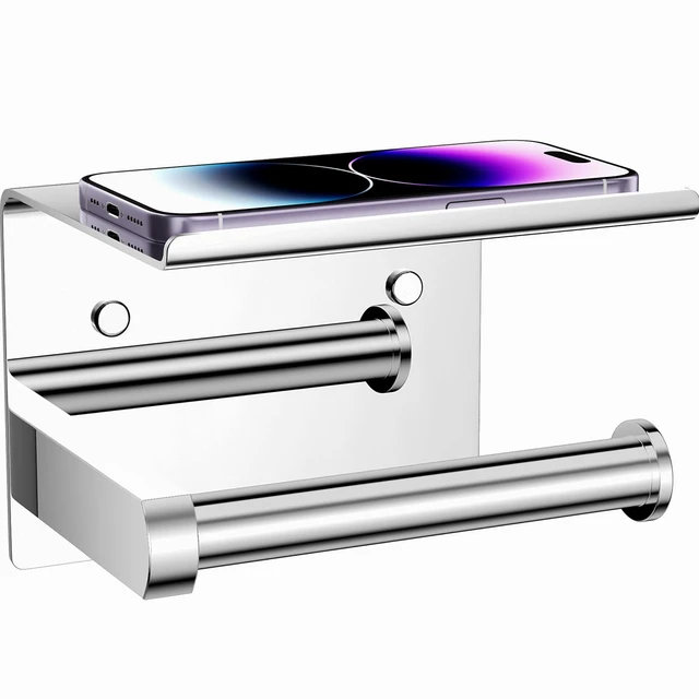 Main image of Toilet Paper Holder with Phone Shelf, Adhesive or Screw Wall Mount Toilet Tissue Roll Holder, Rustproof & Multifunctional Stainless Steel Bathroom Storage Dispenser (Polished Chrome)