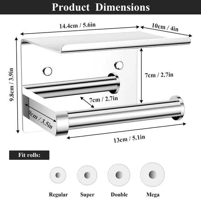 Alt view image 3 of 5 - Toilet Paper Holder with Phone Shelf, Adhesive or Screw Wall Mount Toilet Tissue Roll Holder, Rustproof & Multifunctional Stainless Steel Bathroom Storage Dispenser (Polished Chrome)