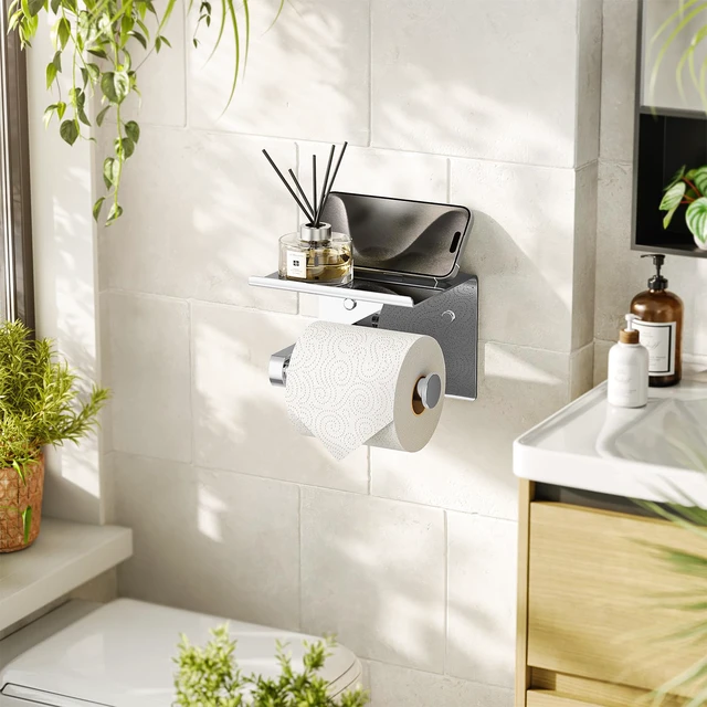 Alt view image 2 of 5 - Toilet Paper Holder with Phone Shelf, Adhesive or Screw Wall Mount Toilet Tissue Roll Holder, Rustproof & Multifunctional Stainless Steel Bathroom Storage Dispenser (Polished Chrome)