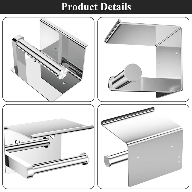 Alt view image 5 of 5 - Toilet Paper Holder with Phone Shelf, Adhesive or Screw Wall Mount Toilet Tissue Roll Holder, Rustproof & Multifunctional Stainless Steel Bathroom Storage Dispenser (Polished Chrome)