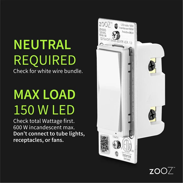 Alt view image 2 of 6 - 800 Series Z-Wave Long Range S2 On Off Switch ZEN76 800LR, White | Simple Direct 3-Way and 4-Way Solution (Works with Regular Switches, No Aux Switch Needed) | Z-Wave Hub Required