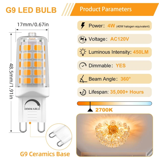 Alt view image 2 of 7 - Dimmable G9 LED Bulb 4W T4 2700K Soft Warm White 12Pack 120V 40W Halogen Equivalent T4 No Flicker, 450LM, Ceramic Base Perfect for Chandelier, Ceiling Fan, Cabinet