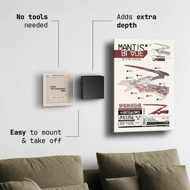 Alt view image 2 of 7 - Magnetic Wall Mount Kit for Hanging Pictures, 3D Magnets Stickers Peel & Stick Magnet with Wall-Safe Removable Adhesive Leaf - No Drill, Damage-Free Magnets for Wall Art, Metal Posters Prints