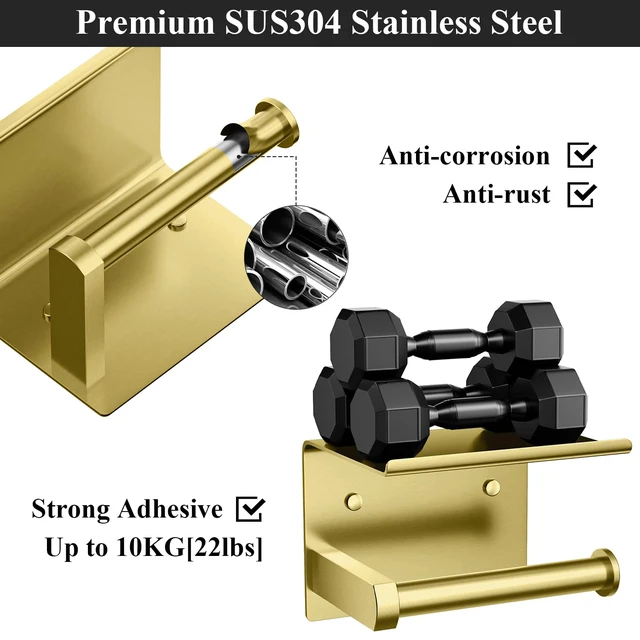 Alt view image 4 of 5 - Toilet Paper Holder with Phone Shelf, Adhesive or Screw Wall Mount Toilet Tissue Roll Holder, Rustproof & Multifunctional Stainless Steel Bathroom Storage Dispenser (Brushed Gold)