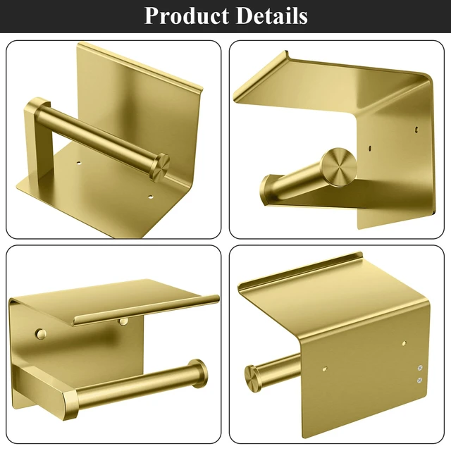 Alt view image 5 of 5 - Toilet Paper Holder with Phone Shelf, Adhesive or Screw Wall Mount Toilet Tissue Roll Holder, Rustproof & Multifunctional Stainless Steel Bathroom Storage Dispenser (Brushed Gold)