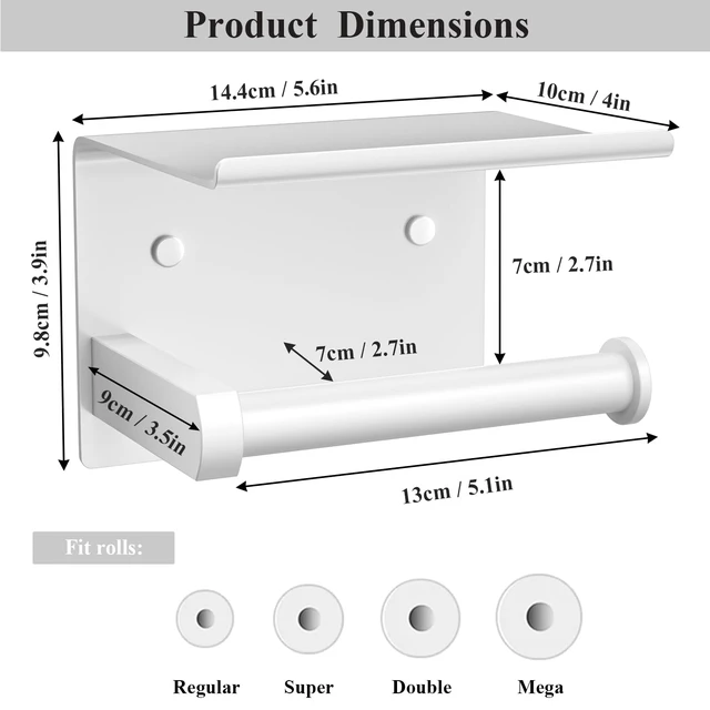 Alt view image 3 of 5 - Toilet Paper Holder with Phone Shelf, Adhesive or Screw Wall Mount Toilet Tissue Roll Holder, Rustproof & Multifunctional Stainless Steel Bathroom Storage Dispenser (White)