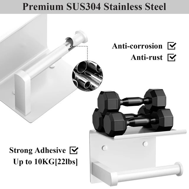 Alt view image 4 of 5 - Toilet Paper Holder with Phone Shelf, Adhesive or Screw Wall Mount Toilet Tissue Roll Holder, Rustproof & Multifunctional Stainless Steel Bathroom Storage Dispenser (White)