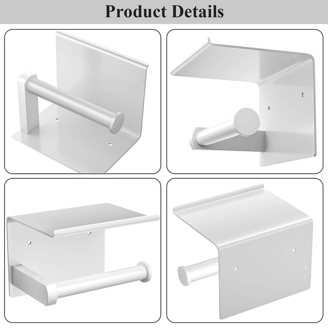 Alt view image 5 of 5 - Toilet Paper Holder with Phone Shelf, Adhesive or Screw Wall Mount Toilet Tissue Roll Holder, Rustproof & Multifunctional Stainless Steel Bathroom Storage Dispenser (White)