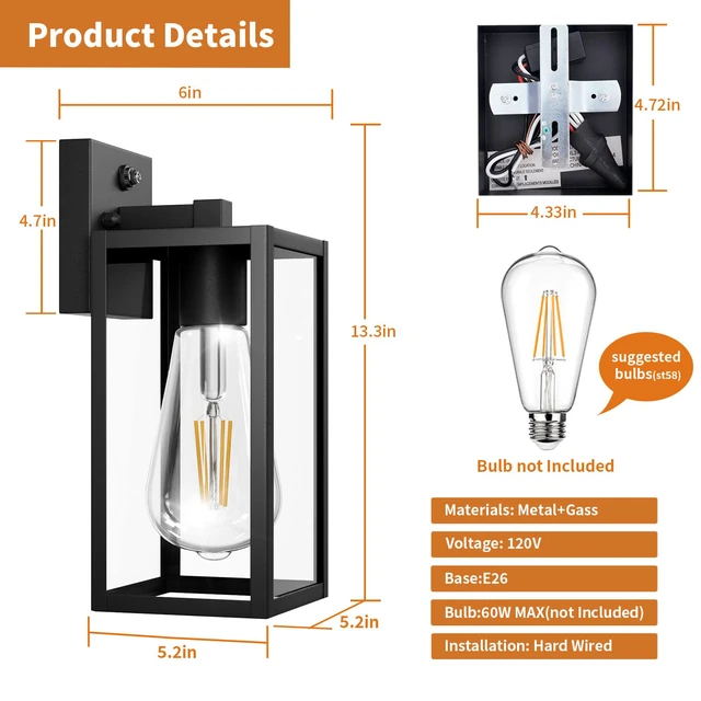 Alt view image 6 of 7 - 2 Pack 13 Dusk to Dawn Outdoor Wall Light Fixture, Large Front Porch Lights for House, Exterior Wall Sconce, Black Waterproof Lantern Lamp,Outside Coach Light for Garage Entryway Yard