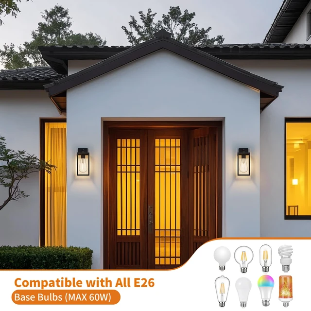 Alt view image 5 of 7 - 2 Pack 13 Dusk to Dawn Outdoor Wall Light Fixture, Large Front Porch Lights for House, Exterior Wall Sconce, Black Waterproof Lantern Lamp,Outside Coach Light for Garage Entryway Yard