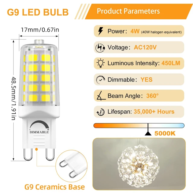 Alt view image 2 of 6 - G9 LED Bulb Dimmable 4W 5000K Daylight White, 12 Pack T4 G9 Bi-pin Base Halogen Replacement 120V No Flicker 450LM, Ceramic Base - Great for Workshop, Studio, Garage, Craft Room