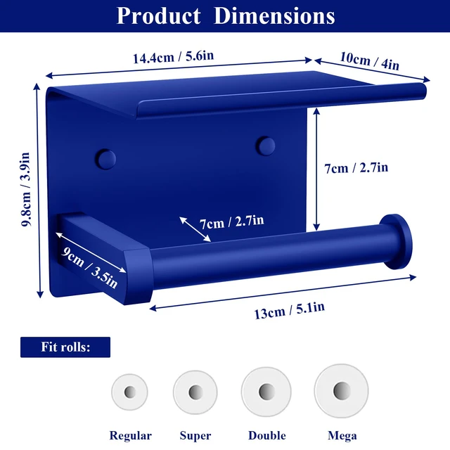 Alt view image 3 of 5 - Toilet Paper Holder with Shelf Wall Mounted Toilet Paper Roll Dispenser Heavy Duty Stainless Steel Klein Blue