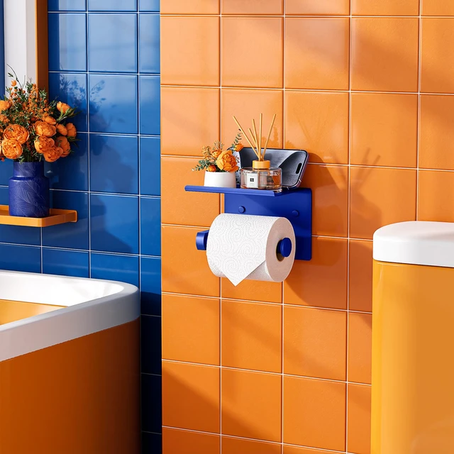 Alt view image 2 of 5 - Toilet Paper Holder with Shelf Wall Mounted Toilet Paper Roll Dispenser Heavy Duty Stainless Steel Klein Blue