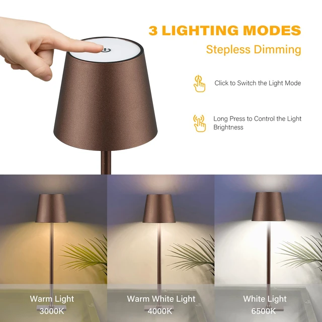 Alt view image 4 of 7 - 2 Pack Cordless Table Lamps, 3 Colors Stepless Dimming, 5000mAh Rechargeable Battery LED Desk Lamp for Bedroom/Couple Dinner/Desk/Cafe/Dining Room/Terrace