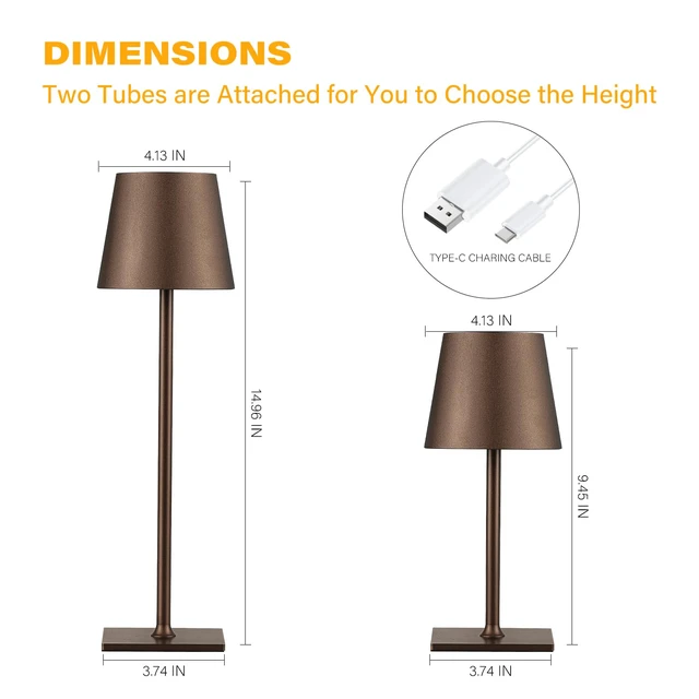 Alt view image 3 of 7 - 2 Pack Cordless Table Lamps, 3 Colors Stepless Dimming, 5000mAh Rechargeable Battery LED Desk Lamp for Bedroom/Couple Dinner/Desk/Cafe/Dining Room/Terrace