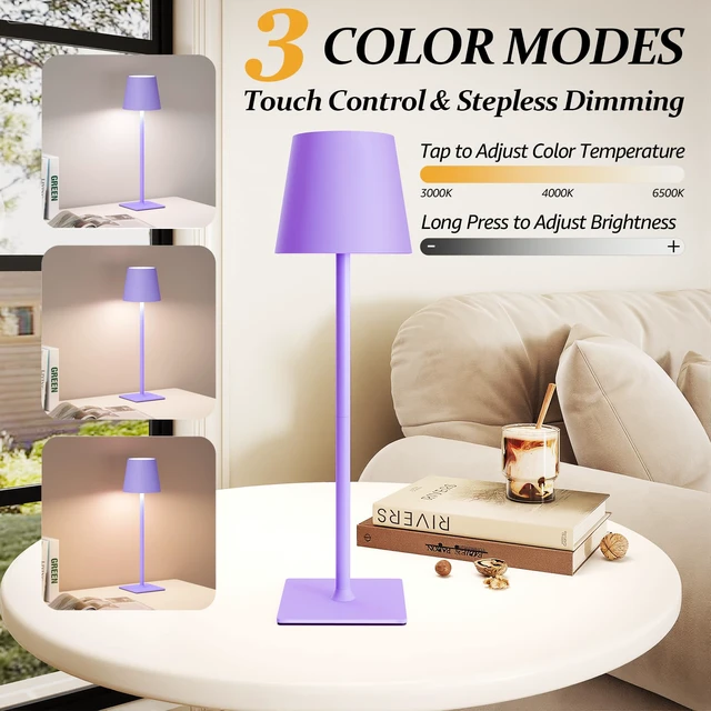 Alt view image 2 of 6 - 2 Pack Cordless Table Lamps, 3 Colors Stepless Dimming, 5000mAh Rechargeable Battery LED Desk Lamp for Bedroom/Couple Dinner/Desk/Cafe/Dining Room/Terrace
