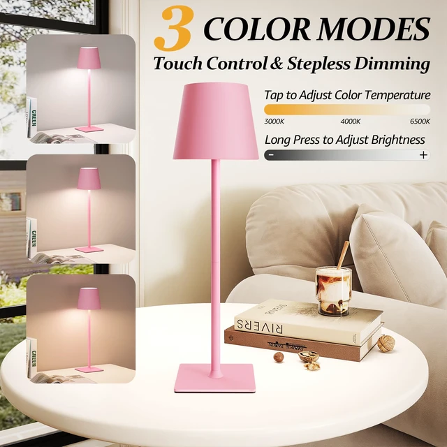 Alt view image 2 of 6 - 2 Pack Cordless Table Lamps, 3 Colors Stepless Dimming, 5000mAh Rechargeable Battery LED Desk Lamp for Bedroom/Couple Dinner/Desk/Cafe/Dining Room/Terrace