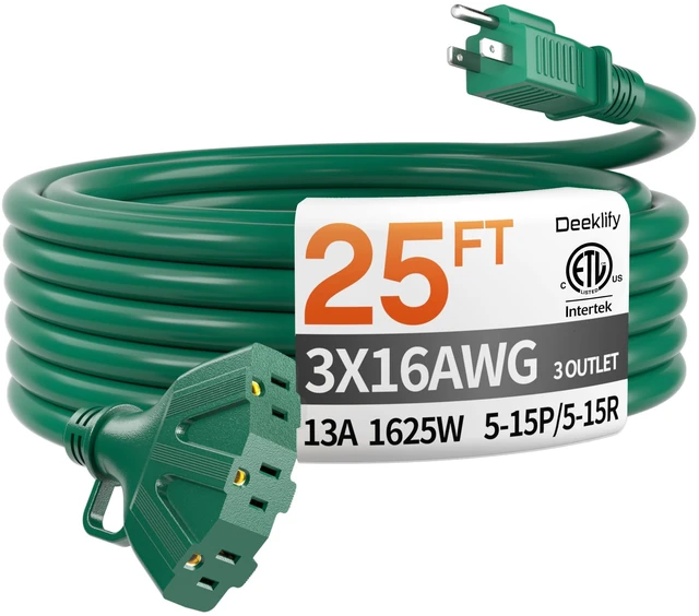 Main image of 25FT 16 Gauge Green Outdoor Extension Cord with Multiple Outlets 3 Outlet 25 Feet Green Extension Cord for Christmas light, Flexible Waterproof SJTW, Hook 13A 1625W, ETL Listed, Home/Garden