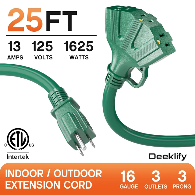 Alt view image 2 of 7 - 25FT 16 Gauge Green Outdoor Extension Cord with Multiple Outlets 3 Outlet 25 Feet Green Extension Cord for Christmas light, Flexible Waterproof SJTW, Hook 13A 1625W, ETL Listed, Home/Garden