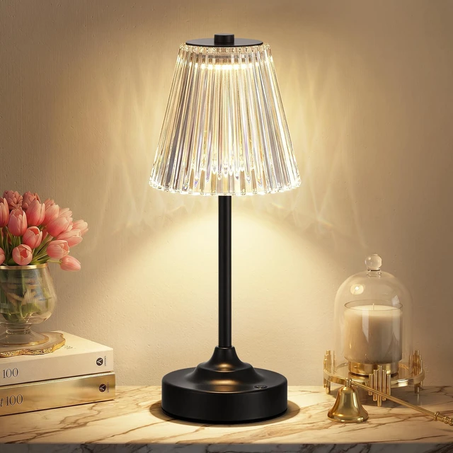 Main image of Black Cordless Rechargeable Table Lamp, Touch Battery Powered Lamp, 3 Color Modes, Crystal Acrylic Lampshade, Portable Ambient Night Light for Desk, Bedroom, Living Room, Dining Room, Kitchen, Bar