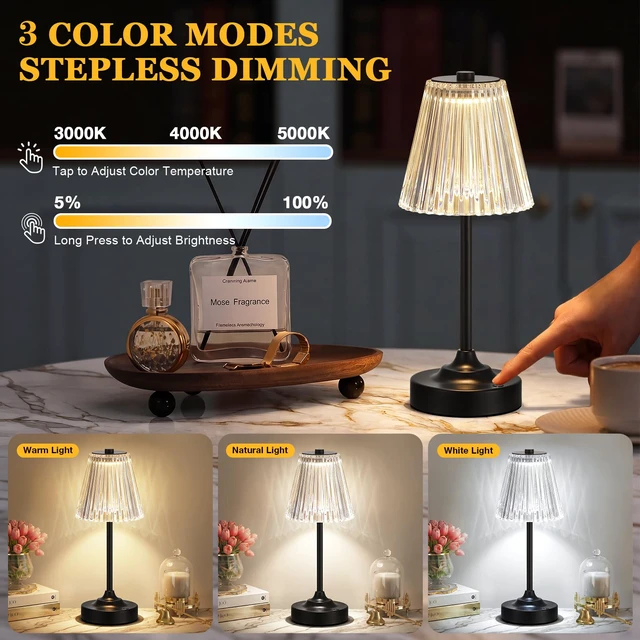 Alt view image 2 of 7 - Black Cordless Rechargeable Table Lamp, Touch Battery Powered Lamp, 3 Color Modes, Crystal Acrylic Lampshade, Portable Ambient Night Light for Desk, Bedroom, Living Room, Dining Room, Kitchen, Bar