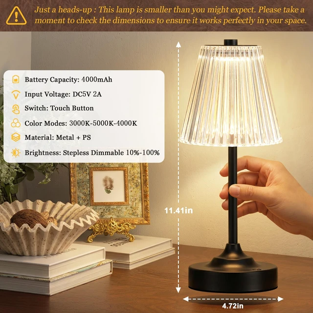 Alt view image 3 of 7 - Black Cordless Rechargeable Table Lamp, Touch Battery Powered Lamp, 3 Color Modes, Crystal Acrylic Lampshade, Portable Ambient Night Light for Desk, Bedroom, Living Room, Dining Room, Kitchen, Bar