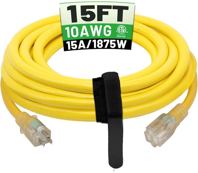 Main image of 15 Ft 10AWG Outdoor Extension Cord, Yellow Waterproof Heavy Duty, 10 Gauge 3 Prong, Flexible Cold-Resistant, Indoor & Outside with Lighted Indicator End,ETL Listed