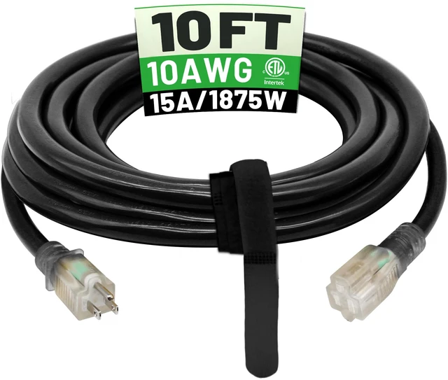 Main image of 10 Ft 10AWG Outdoor Extension Cord Waterproof Heavy Duty, Black 10 Gauge 3 Prong, Flexible Cold-Resistant Power Cord Indoor & Outside with Lighted Indicator End, 15A 1875W SJTW ETL Listed