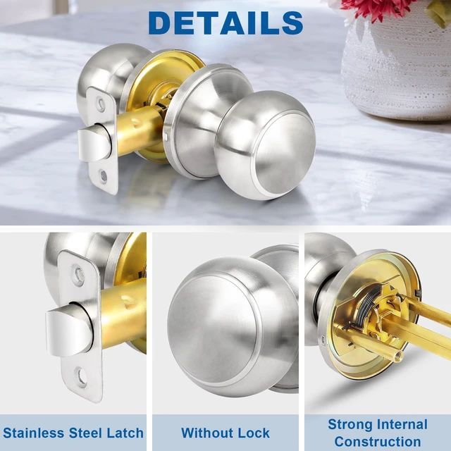 Alt view image 7 of 7 - Brushed Nickel Door Knob, 6 Pack Round Keyless Doorknobs Interior Lockset Non-Locking Passage Door Knobs for Bedroom Bathroom Hallway Closet, Modern Design Indoor Door Hardware