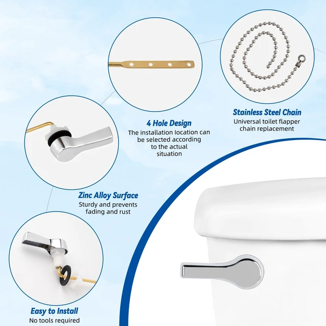 Alt view image 2 of 7 - Universal Metal Front Mount Flush Toilet Handle Kit, Chrome Solid Brass Toilet Flush Tank Lever with Stainless Steel Adjustable Flapper Chains, Side Tank Toilet Handle for Most Toilets