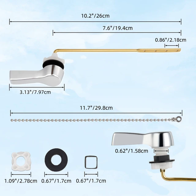Alt view image 6 of 7 - Universal Metal Front Mount Flush Toilet Handle Kit, Chrome Solid Brass Toilet Flush Tank Lever with Stainless Steel Adjustable Flapper Chains, Side Tank Toilet Handle for Most Toilets