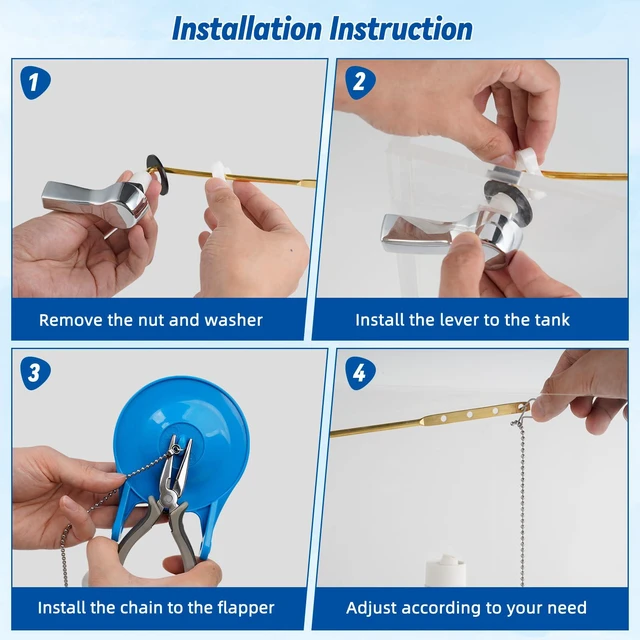 Alt view image 7 of 7 - Universal Metal Front Mount Flush Toilet Handle Kit, Chrome Solid Brass Toilet Flush Tank Lever with Stainless Steel Adjustable Flapper Chains, Side Tank Toilet Handle for Most Toilets