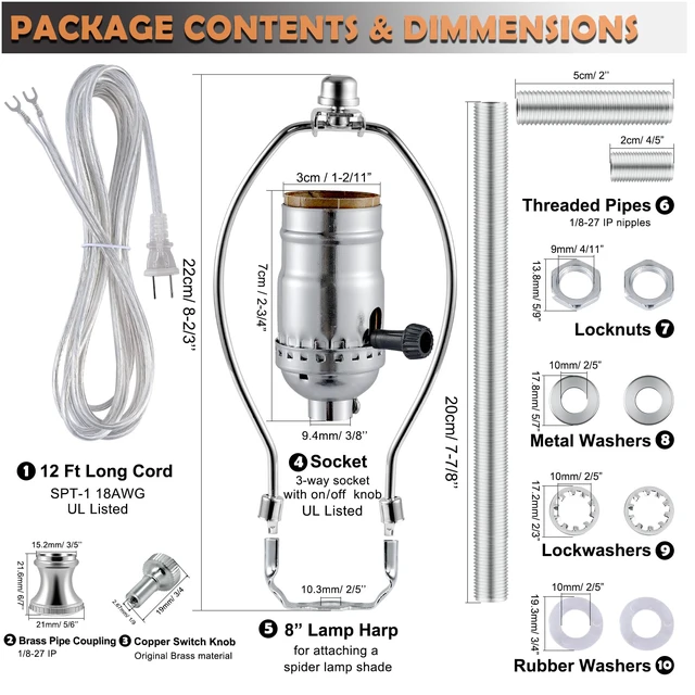 Alt view image 6 of 6 - Lamp Making Kit,Make a Lamp or Repair Kit,3-Way Lamp Socket with Matching Cord Lamp Harp Set,Lamp Wiring Kit for Table Floor Lamp,Essential Hardware for DIY Lamp Design or Repair (Silver, 1)