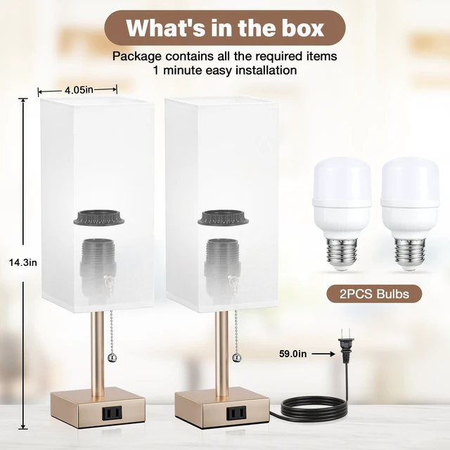 Alt view image 2 of 7 - Bedside Lamp for Bedroom Set of 2 - Gold Table Lamp for Nightstand AC Outlet, 3 Color Temperatures, LED Bulb Included, Pull Chain Design, 14" Rectangular Desk Lamp for Dorm/Office, 2-Pack