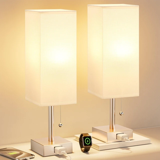 Main image of Bedside Lamp for Bedroom Set of 2 - Gold Table Lamp for Nightstand AC Outlet, 3 Color Temperatures, LED Bulb Included, Pull Chain Design, 14" Rectangular Desk Lamp for Dorm/Office, 2-Pack