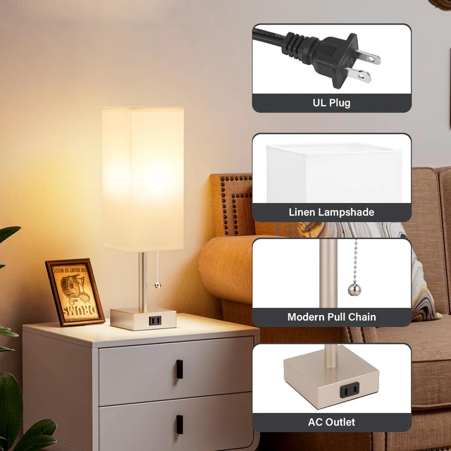 Alt view image 6 of 7 - Bedside Lamp for Bedroom Set of 2 - Gold Table Lamp for Nightstand AC Outlet, 3 Color Temperatures, LED Bulb Included, Pull Chain Design, 14" Rectangular Desk Lamp for Dorm/Office, 2-Pack