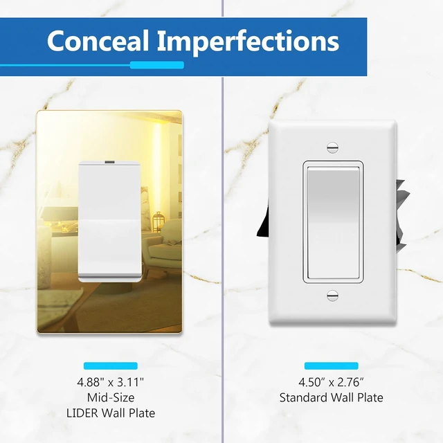 Alt view image 2 of 7 - Decorator Wall Plate, Plexiglass, Mid-Size 1-Gang, Mirror Glass Gold Screwless Light Switch/Outlet Cover, Impact Resistant, Reflective, Tough And Heat Resistant, Easy Installation