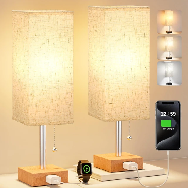 Main image of Bedside Lamp for Bedroom Set of 2 - Small Table Lamp for Nightstand AC Outlet, 3 Color Temperatures, LED Bulb Included, Pull Chain Design, 14" Rectangular Desk Lamp for Dorm/Office, 2-Pack