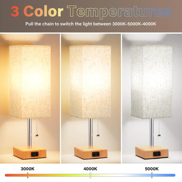Alt view image 2 of 7 - Bedside Lamp for Bedroom Set of 2 - Small Table Lamp for Nightstand AC Outlet, 3 Color Temperatures, LED Bulb Included, Pull Chain Design, 14" Rectangular Desk Lamp for Dorm/Office, 2-Pack
