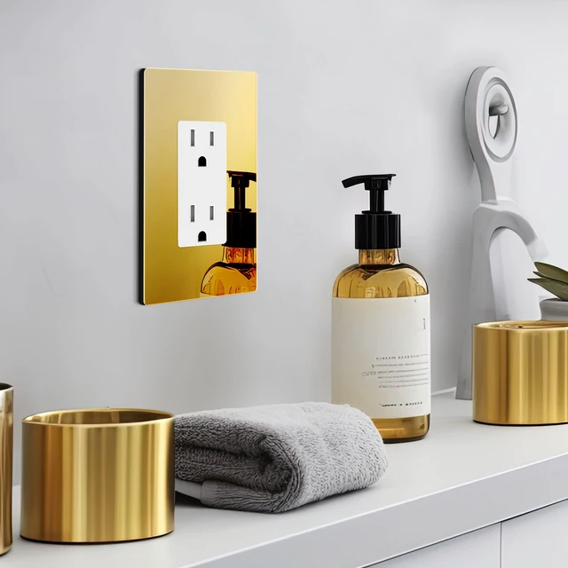 Alt view image 5 of 7 - Decorator Wall Plate, Plexiglass, Mid-Size 1-Gang, Mirror Glass Gold Screwless Light Switch/Outlet Cover, Impact Resistant, Reflective, Tough And Heat Resistant, Easy Installation