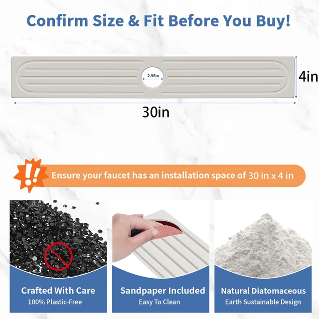 Alt view image 3 of 7 - Faucet Mat for Kitchen Sink, Water Absorbent Kitchen Faucet Mat, Durable Sink Splash Guard with Raised Feet, Diatomite Fast Drying Kitchen Sink Faucet Mat, Bathroom Stone Drying Tray for Counter