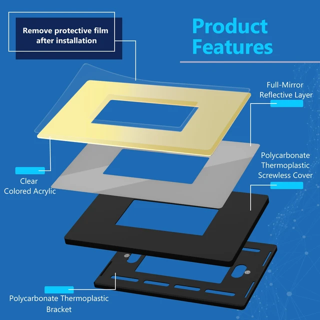 Alt view image 6 of 7 - Decorator Wall Plate, Plexiglass, Mid-Size 1-Gang, Mirror Glass Gold Screwless Light Switch/Outlet Cover, Impact Resistant, Reflective, Tough And Heat Resistant, Easy Installation