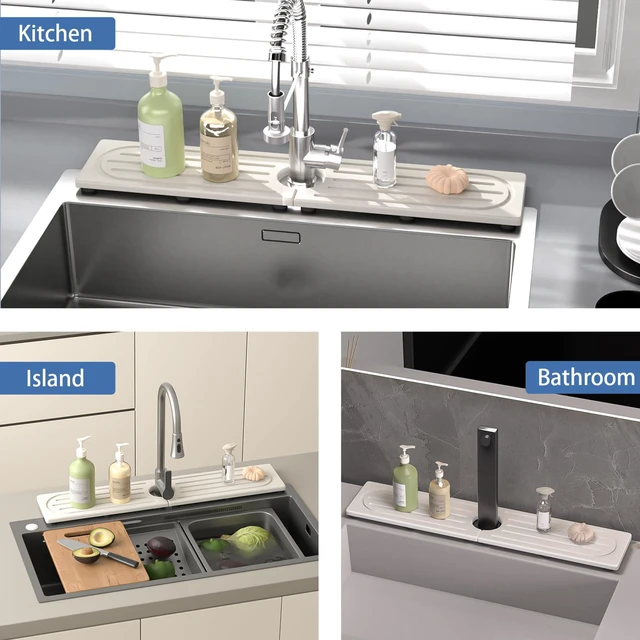 Alt view image 6 of 7 - Faucet Mat for Kitchen Sink, Water Absorbent Kitchen Faucet Mat, Durable Sink Splash Guard with Raised Feet, Diatomite Fast Drying Kitchen Sink Faucet Mat, Bathroom Stone Drying Tray for Counter