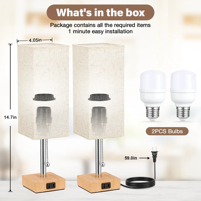 Alt view image 4 of 7 - Bedside Lamp for Bedroom Set of 2 - Small Table Lamp for Nightstand AC Outlet, 3 Color Temperatures, LED Bulb Included, Pull Chain Design, 14" Rectangular Desk Lamp for Dorm/Office, 2-Pack