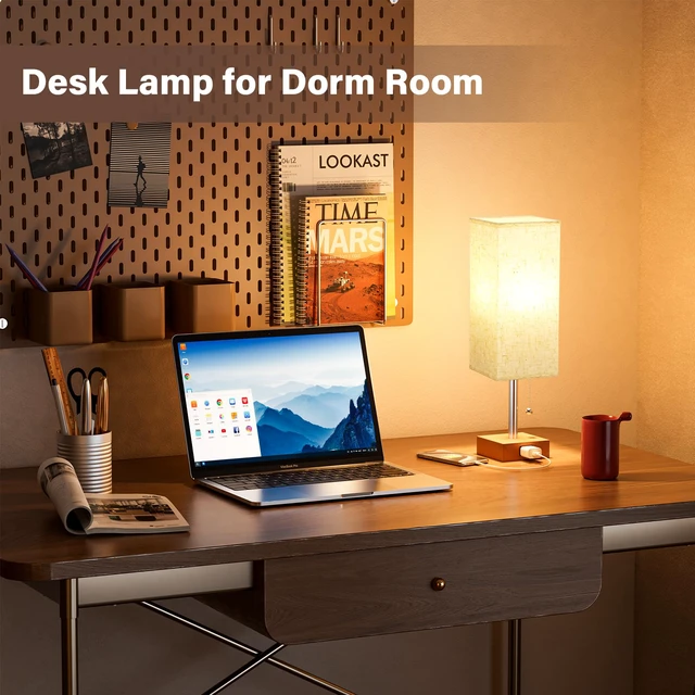 Alt view image 5 of 7 - Bedside Lamp for Bedroom Set of 2 - Small Table Lamp for Nightstand AC Outlet, 3 Color Temperatures, LED Bulb Included, Pull Chain Design, 14" Rectangular Desk Lamp for Dorm/Office, 2-Pack